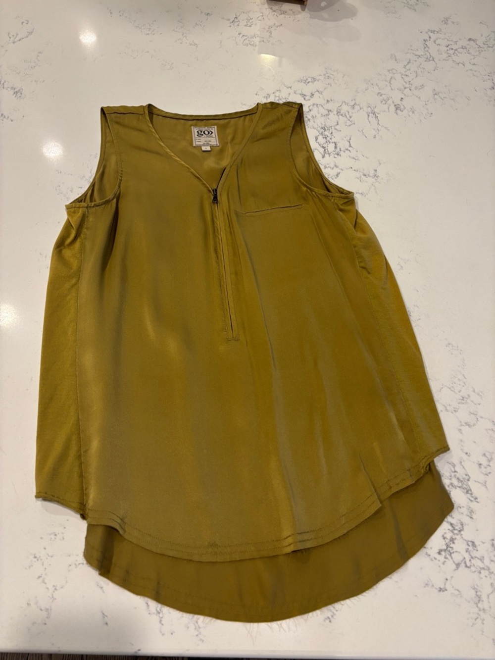 GO BY GO SILK Olive Green Sleeveless Zip-Front Silk Tank S